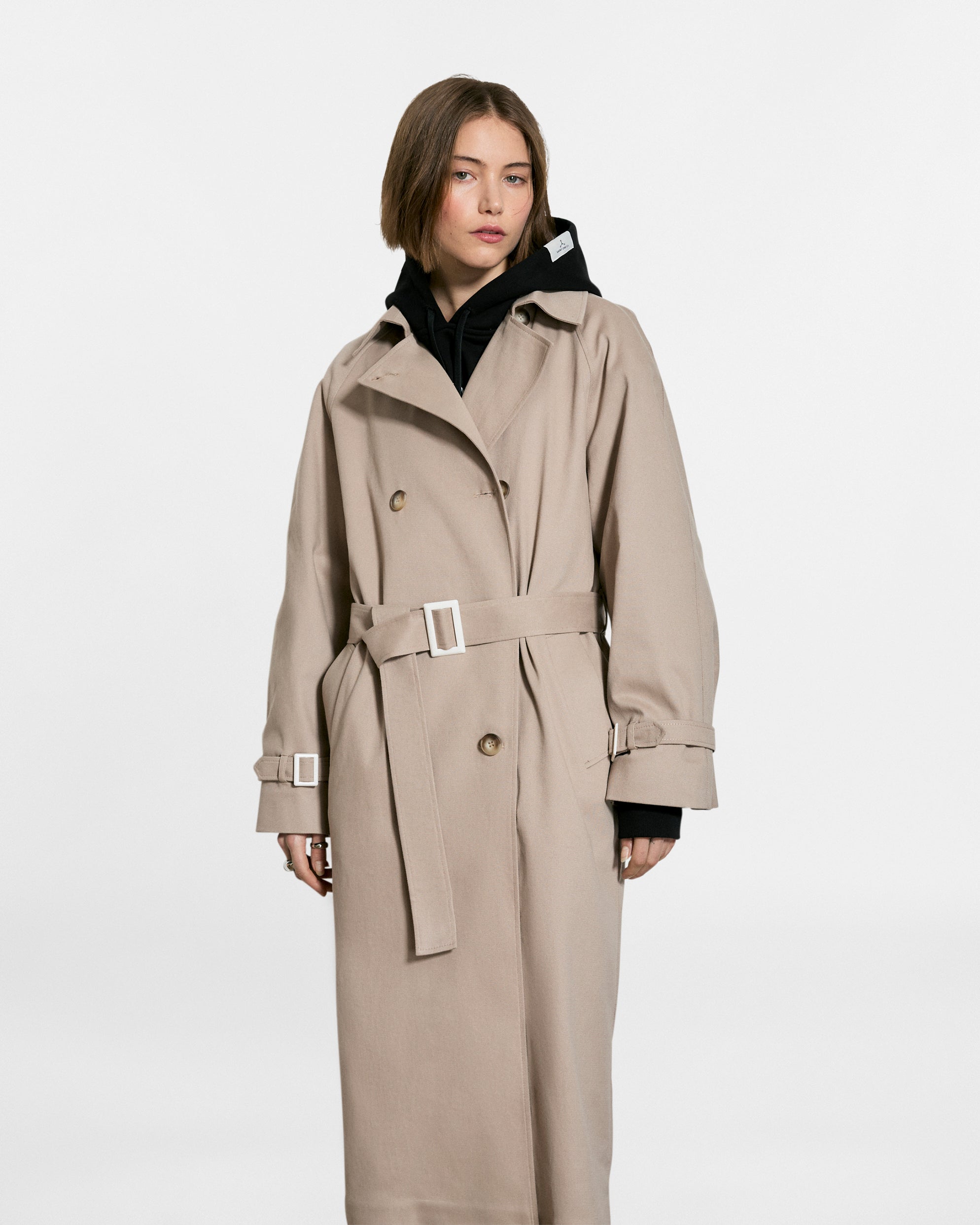 Saint One Co. Idols Trench Coat in Taupe x Pearl – Luxury Women’s Two-Tone Heavyweight Streetwear Trench Jacket.
